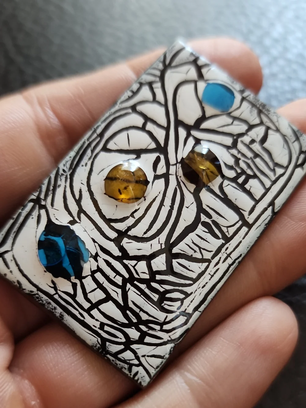 VTG White and Black Abstract Art Tile Brooch with Blue and Amber Accents